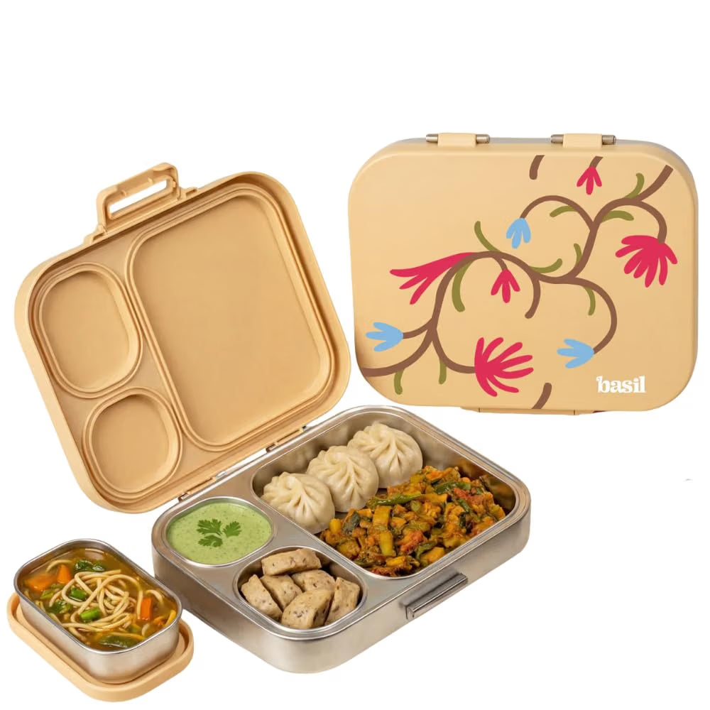 Basil Bento Box Quad Plus 3+1 Compartment Stainless Steel Lunch Box | Himachali Guldaan