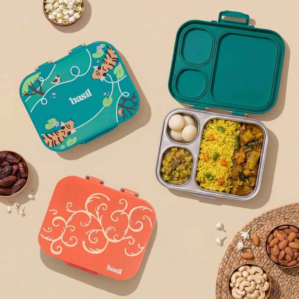 Basil Bento Box Quad Plus 3+1 Compartment Stainless Steel Lunch Box | Bengal Bagh