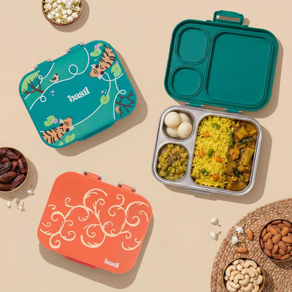 Basil Bento Box Quad Plus 3+1 Compartment Stainless Steel Lunch Box | Bengal Bagh