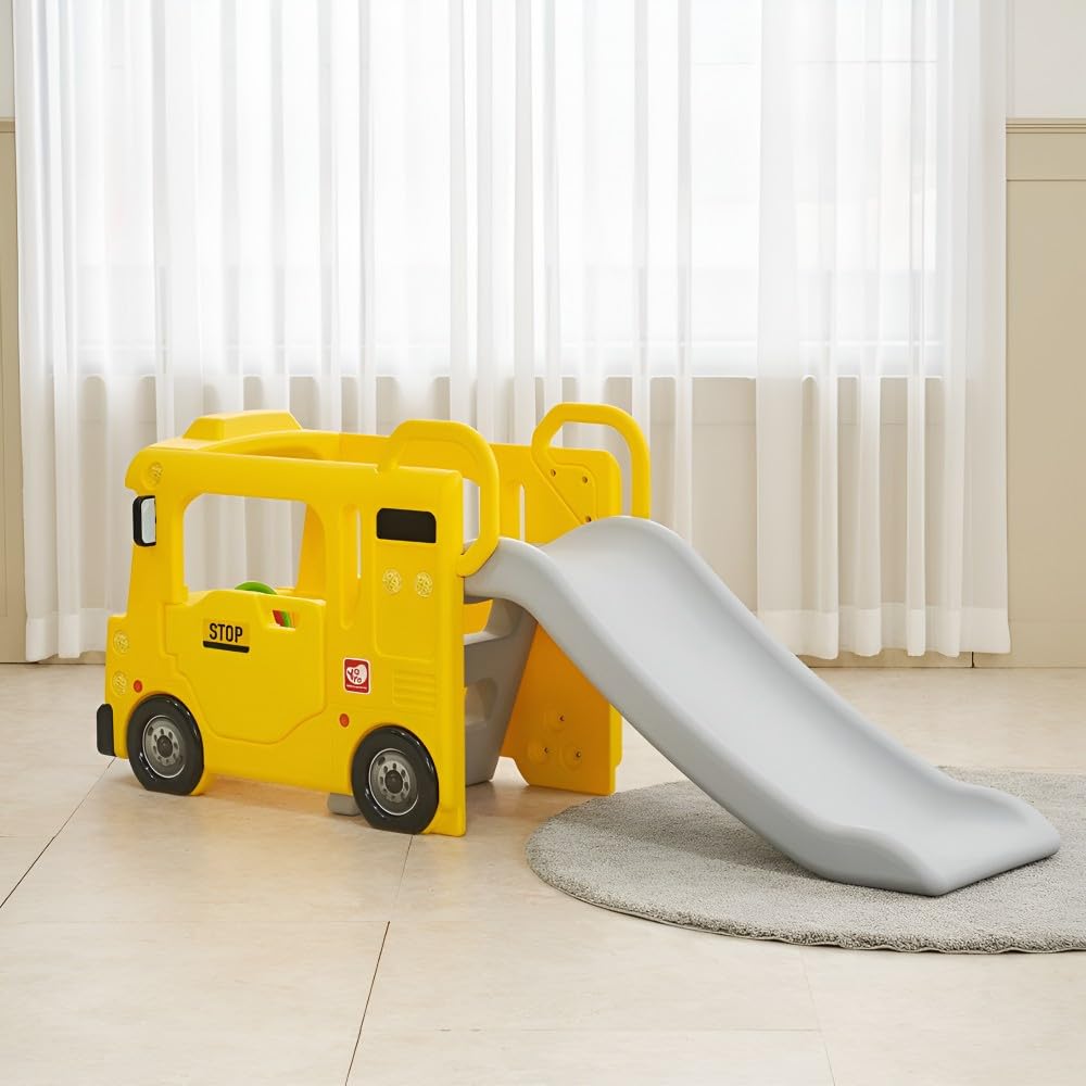 Playwell Yaya School Compact Bus Slide, Indoor Play Set with Musical Steering Wheel, HDPE Material, Safety Handle, Non-Slip Stairs, KC Certified for Children