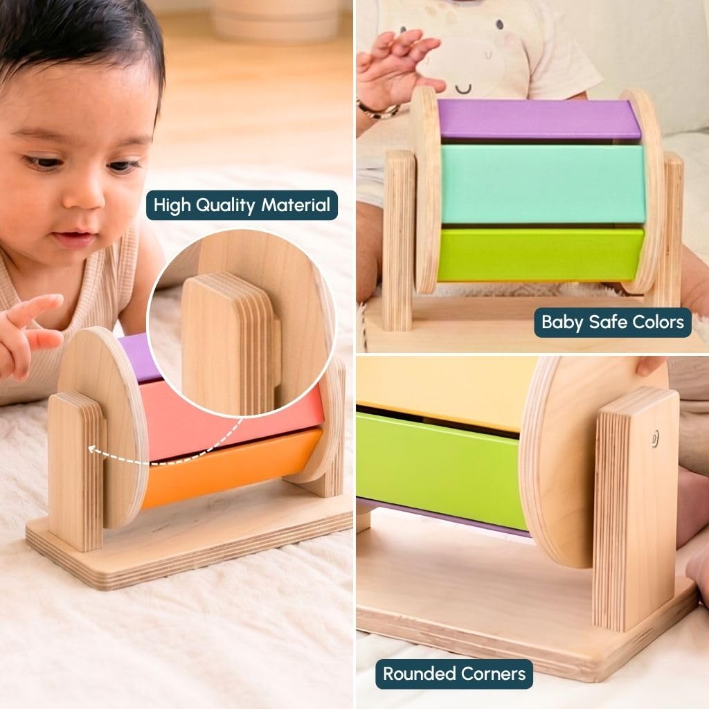 Curious Cub Montessori Spinning Drum for Babies 3 Months-18 Months | Spinning Rainbow Wheel Baby | Tummy Time Toy | Develops Fine Motor Skills | Educational Toy for Early Development