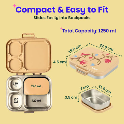 Basil Bento Box Quad Plus 3+1 Compartment Stainless Steel Lunch Box | Himachali Guldaan