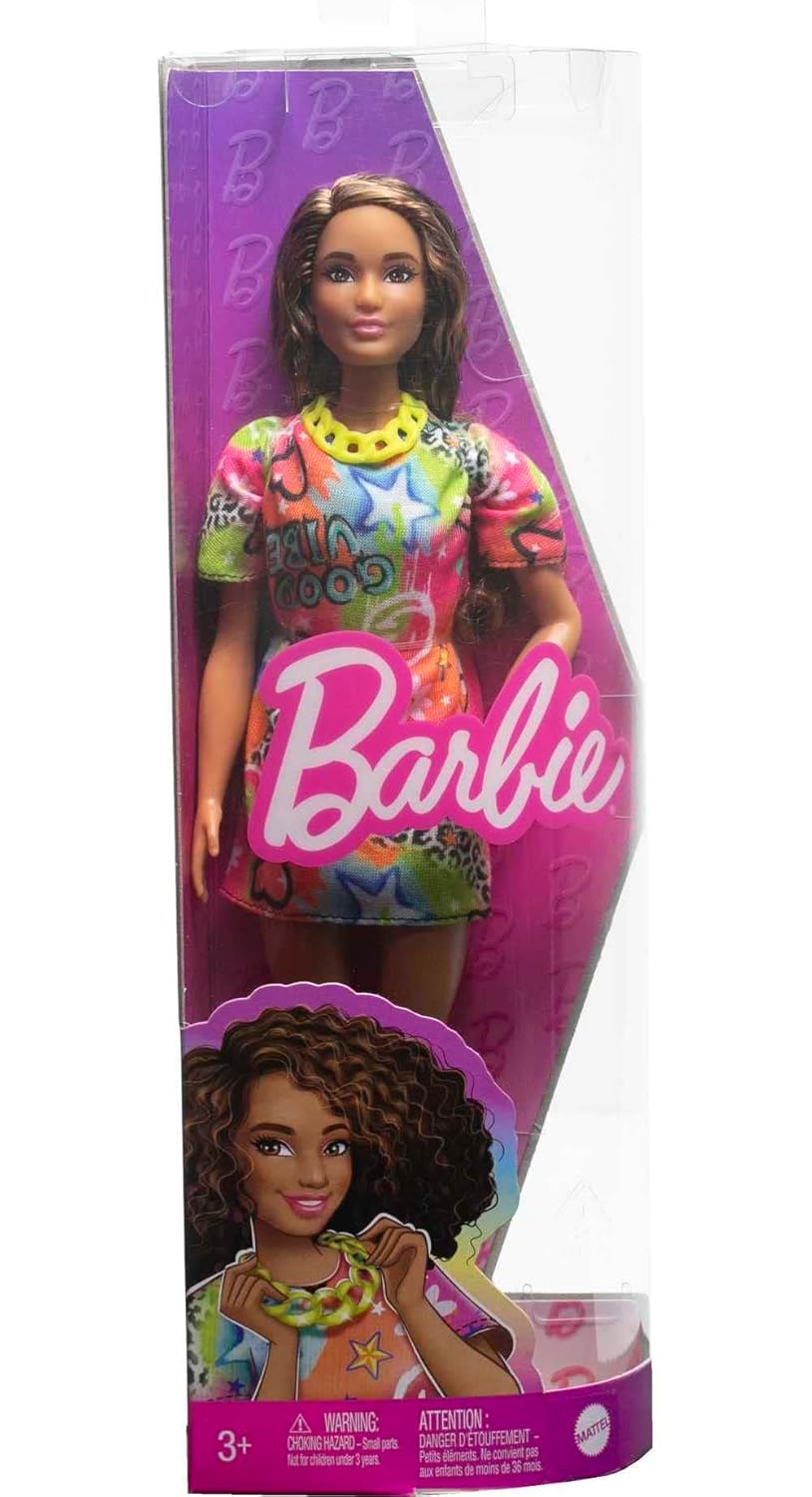 Barbie® Doll, Kids Toys, Curly Brown Hair, Fashionistas™, Athletic Body Shape, Graffiti-Print T-Shirt Dress, Clothes and Accessories