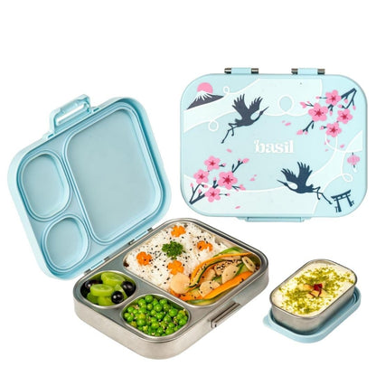 Basil Bento Box Quad Plus – 3+1 Compartment Stainless Steel Lunch Box, 1260 ml | Sakura Bloom