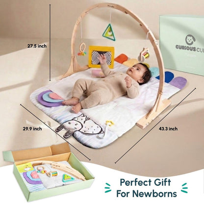 Curious Cub Baby Play Gym-Playmat, Newborn Baby Toy Gift, Baby Activity Gym, Wooden Playgym for Babies, 3 Wooden Baby Mobile Rattles, Sensory Mat, Wooden Play Gym, Hanging Toys, Baby Mirror