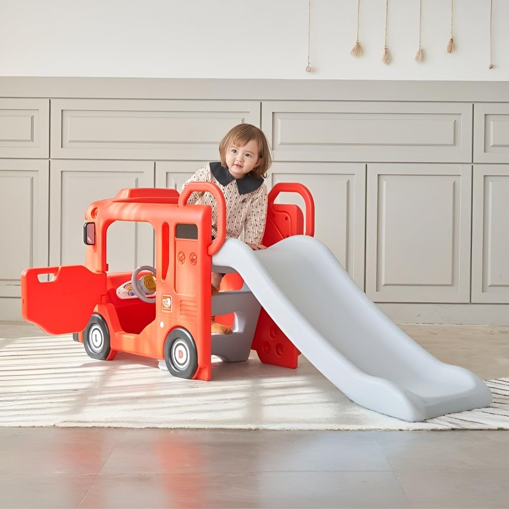 Yaya London Compact Bus Slide, Indoor Play Set with Musical Steering Wheel, HDPE Material, Safety Handle, Non-Slip Stairs, KC Certified for Children