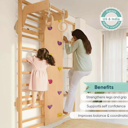 Curious Cub Wall Mounted Jungle Gym Set for Kids | Indoor Climbing Toy for Toddlers with Net Climbing, Ladder, Rock Climbing Wall, Monkey Bar & Gymnastic Rings | Exciting Gym Playset for Kids 2-9 yrs