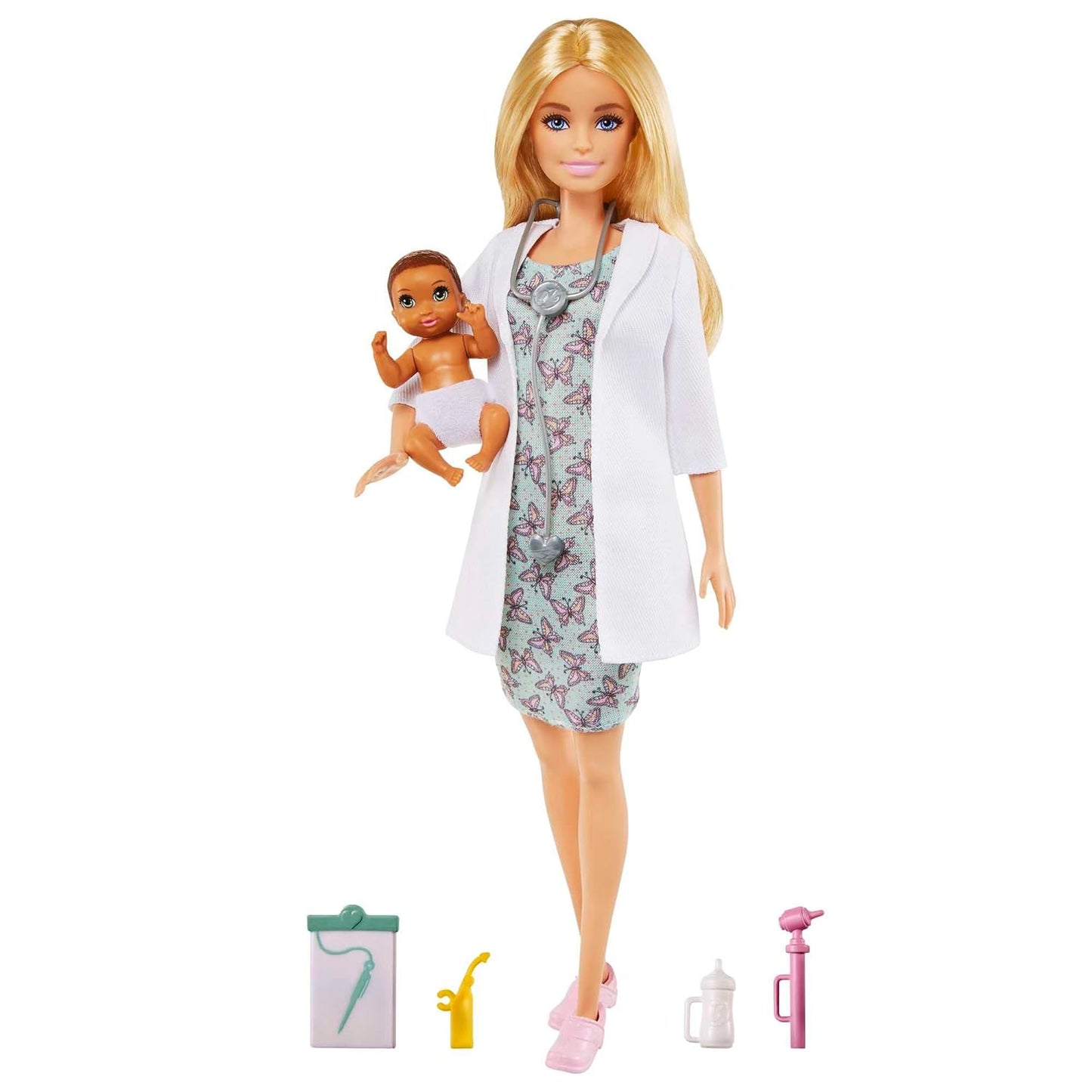 Barbie® Baby Doctor Playset with Blonde Doll (12-in/30.40-cm), Infant Doll, Stethoscope, Thermometer, Oscilloscope, Chart, Blanket & Baby Bottle, Great Gift for Ages 3 Years Old & Up GVK03
