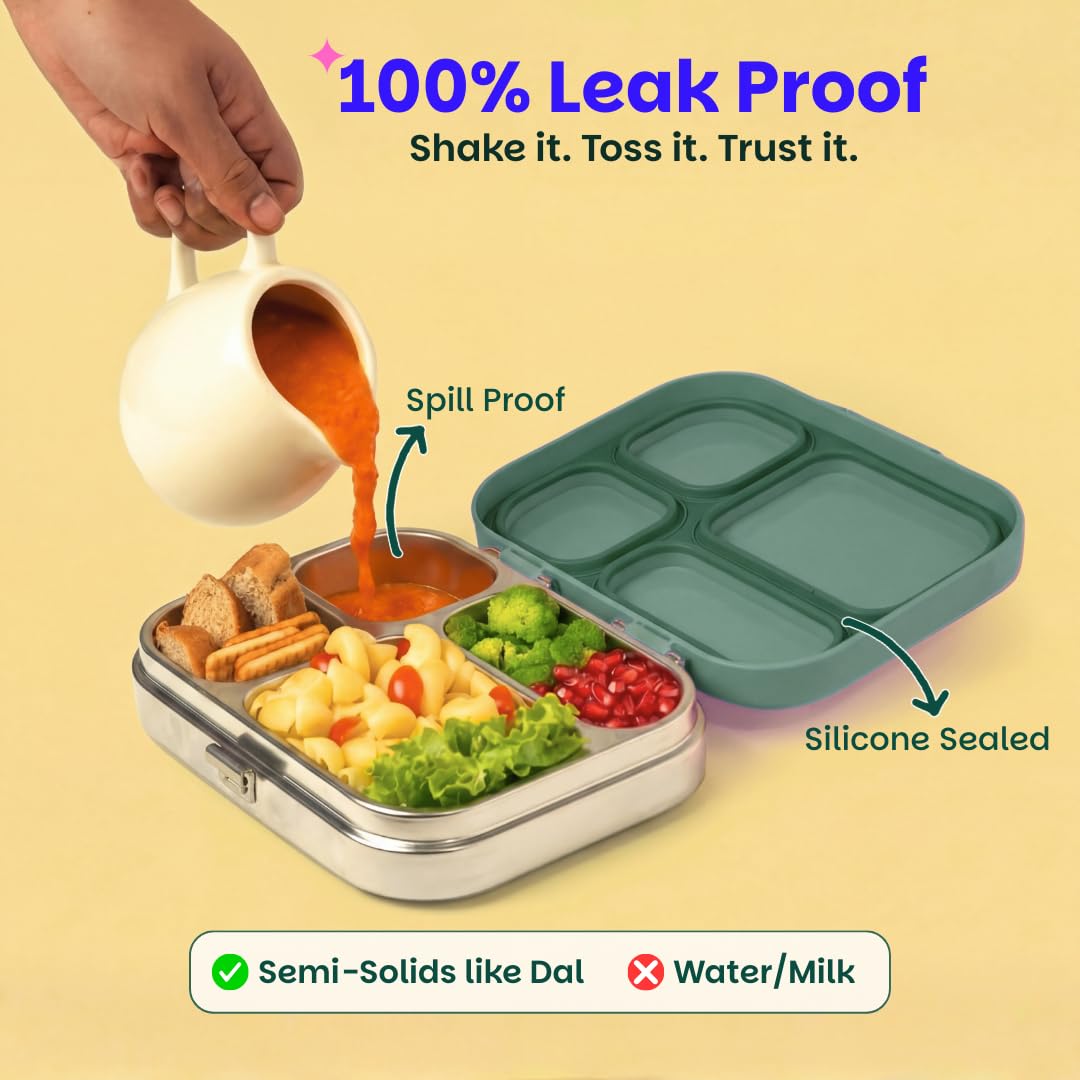 Basil Bento Box Quad – 4 Compartment Stainless Steel Lunch Box, 830 ml | Emerald Moss