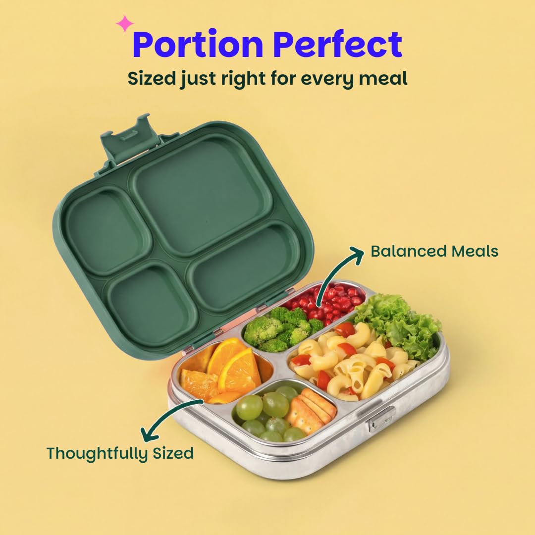 Basil Bento Box Quad – 4 Compartment Stainless Steel Lunch Box, 830 ml | Emerald Moss