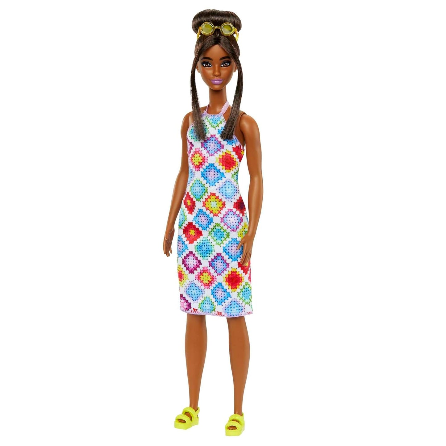 Barbie® Fashionistas™ Doll #210 with Brown Hair in Bun, Wearing Colorful Crochet Halter Dress, Sunglasses and Sandals