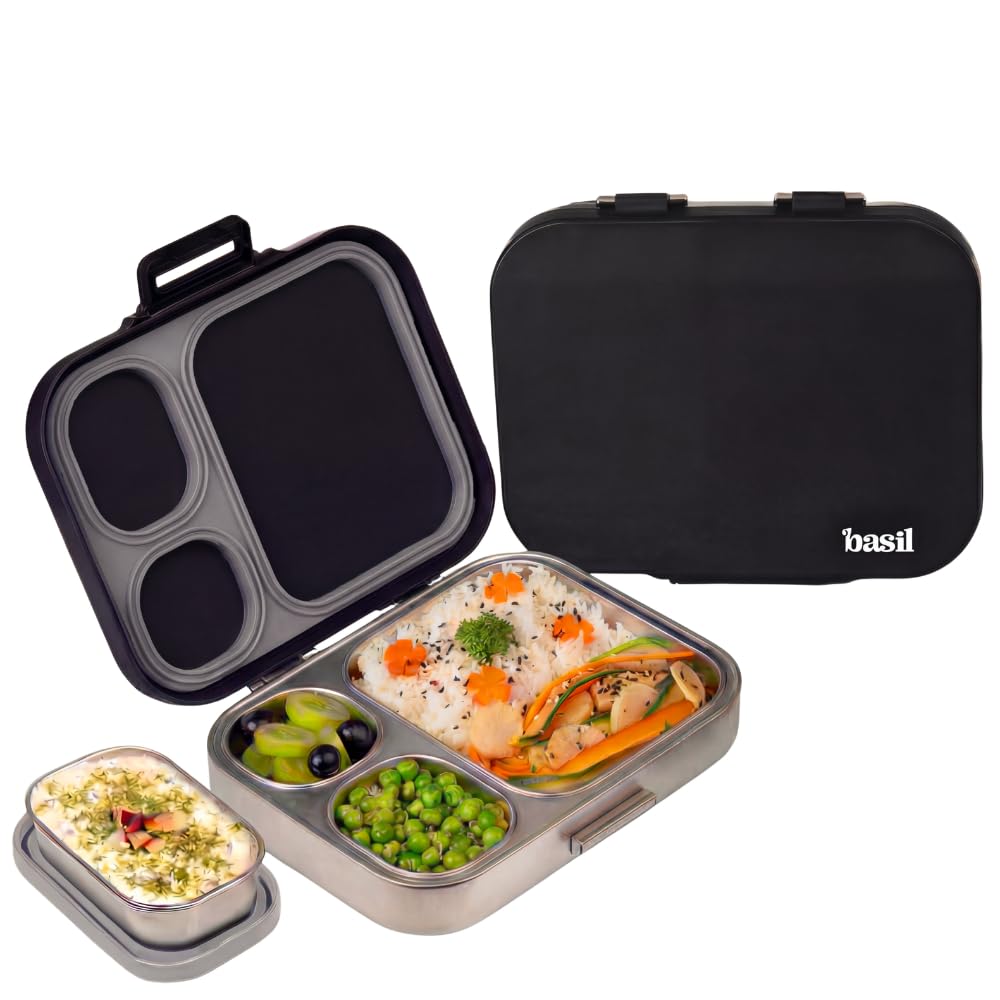 Basil Bento Box Quad Plus – 3+1 Compartment Stainless Steel Lunch Box, 1260 ml | Classic Black