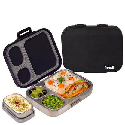 Basil Bento Box Quad Plus – 3+1 Compartment Stainless Steel Lunch Box, 1260 ml | Classic Black