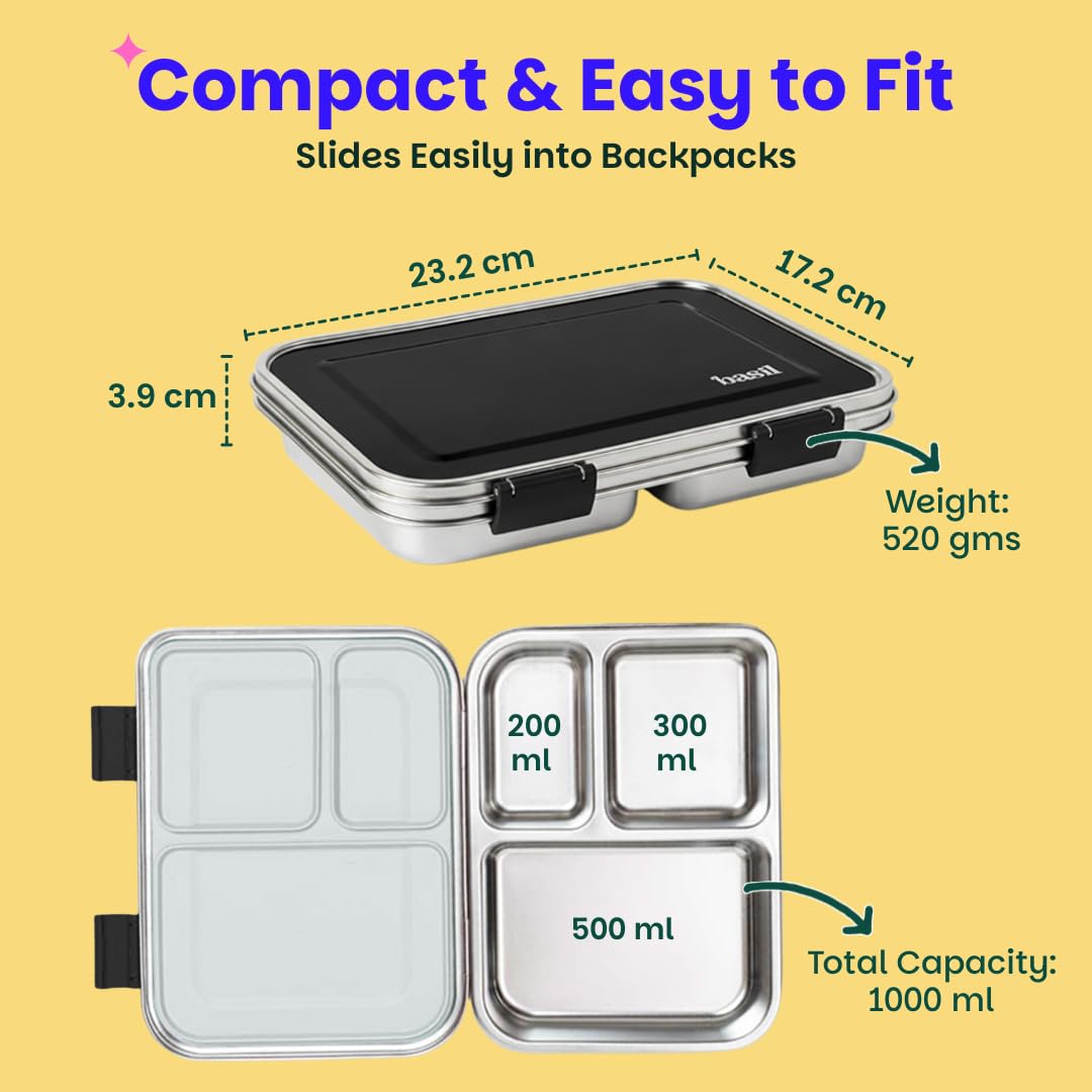Basil Bento Neo Classic 2025 – 3 Compartment Stainless Steel Lunch Box, 1000 ml | Black