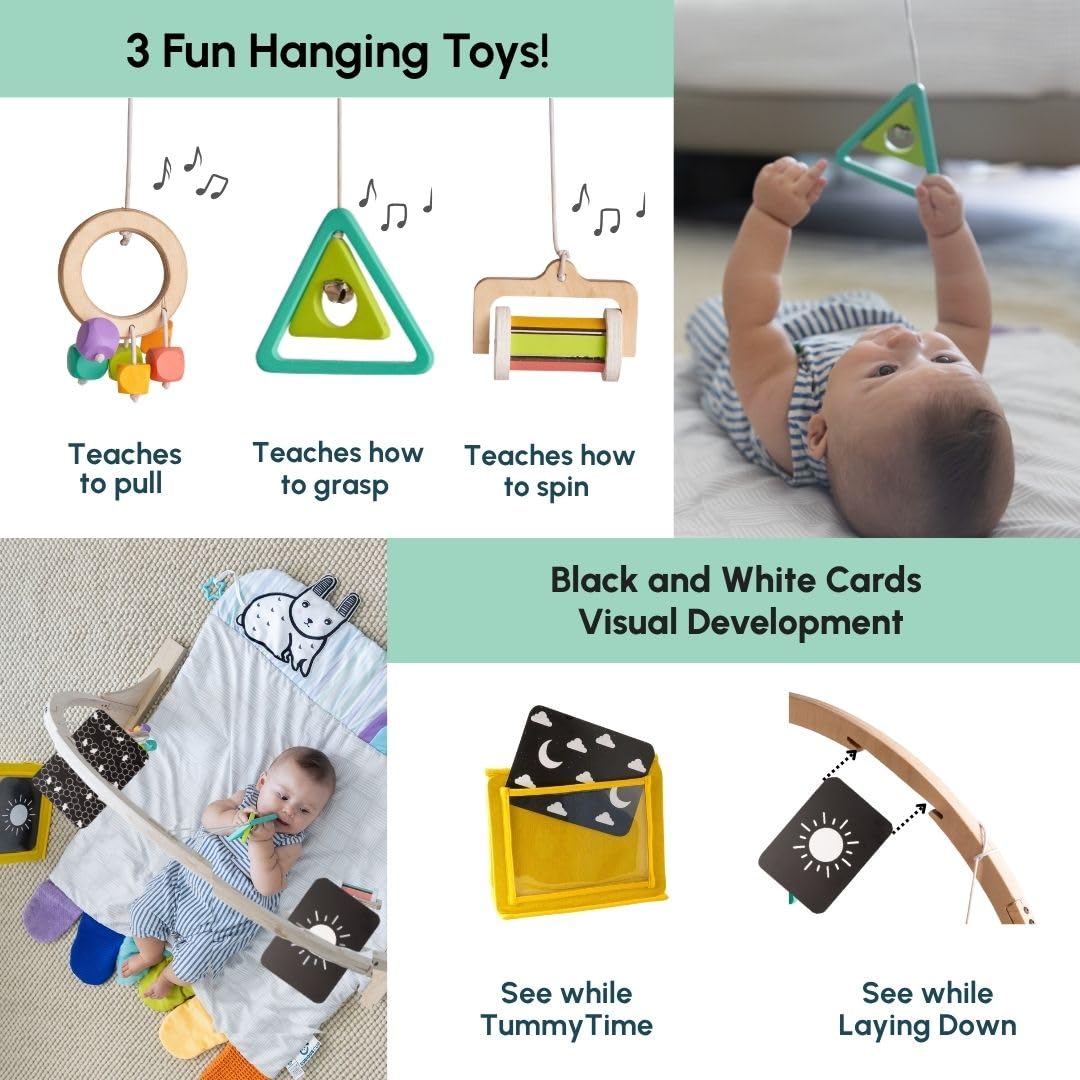 Curious Cub Baby Play Gym-Playmat, Newborn Baby Toy Gift, Baby Activity Gym, Wooden Playgym for Babies, 3 Wooden Baby Mobile Rattles, Sensory Mat, Wooden Play Gym, Hanging Toys, Baby Mirror