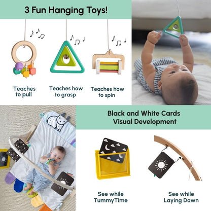 Curious Cub Baby Play Gym-Playmat, Newborn Baby Toy Gift, Baby Activity Gym, Wooden Playgym for Babies, 3 Wooden Baby Mobile Rattles, Sensory Mat, Wooden Play Gym, Hanging Toys, Baby Mirror