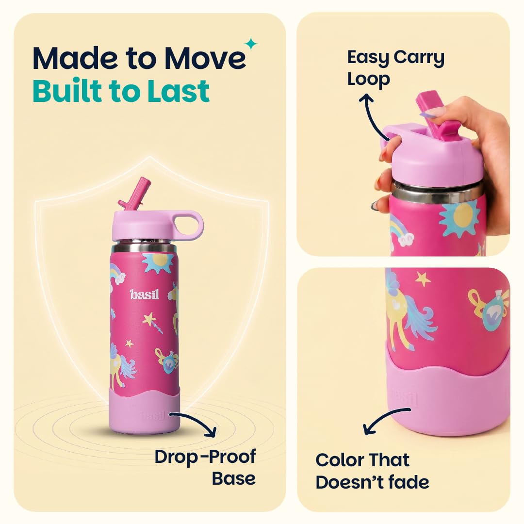 Basil HydraRush 600ml Insulated Stainless Steel Bottle – Kids School Water Bottle