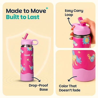 Basil HydraRush 600ml Insulated Stainless Steel Bottle – Kids School Water Bottle