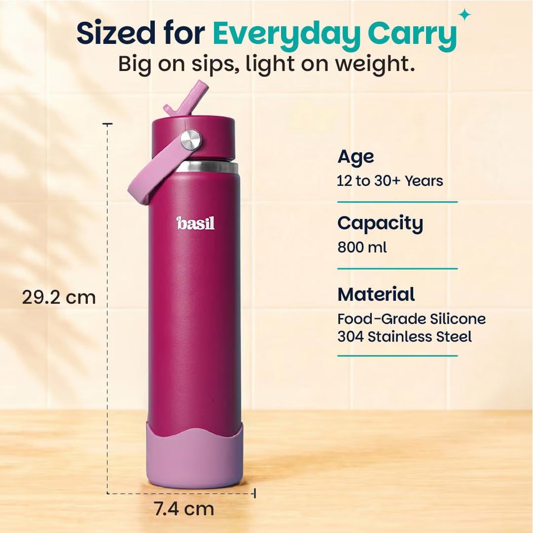 Basil HydraFizz 800ml Insulated Stainless Steel Sipper Bottle – Leakproof Carry Handle