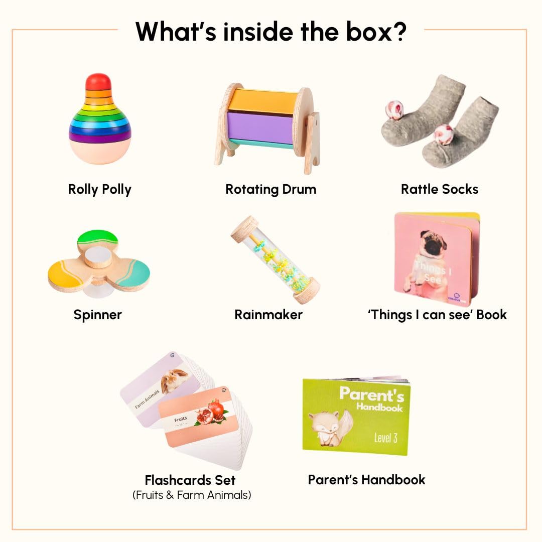 Curious Cub Montessori Learning Wooden Toys | Box 3: 5+ Month | Montessori Toys for 5+ Months | Learning Blocks,Sensory,Auditory & Memory Skills | Toddlers Activity Toys | New Born Baby Gift