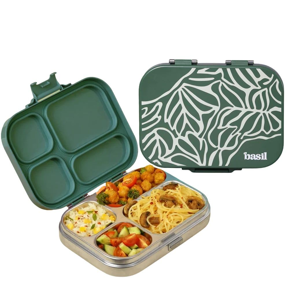 Basil Bento Box Quad – 4 Compartment Stainless Steel Lunch Box, 830 ml | Emerald Moss