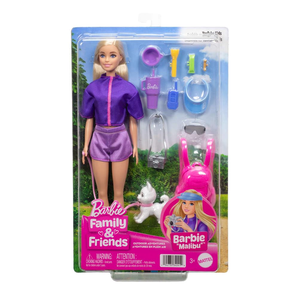 Barbie “Malibu” Outdoor Adventures Fashion Doll Wearing Adventure Outfit, with 10+ Camping-Themed Accessories Including Pet Puppy JJV59