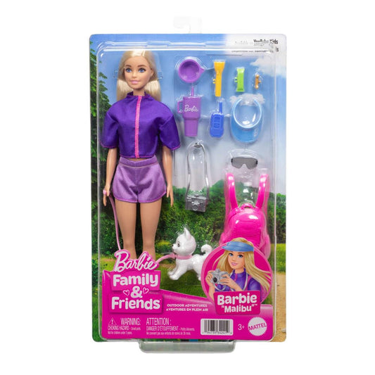 Barbie “Malibu” Outdoor Adventures Fashion Doll Wearing Adventure Outfit, with 10+ Camping-Themed Accessories Including Pet Puppy JJV59