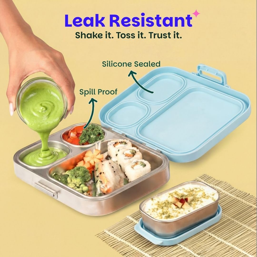 Basil Bento Box Quad Plus – 3+1 Compartment Stainless Steel Lunch Box, 1260 ml | Sakura Bloom