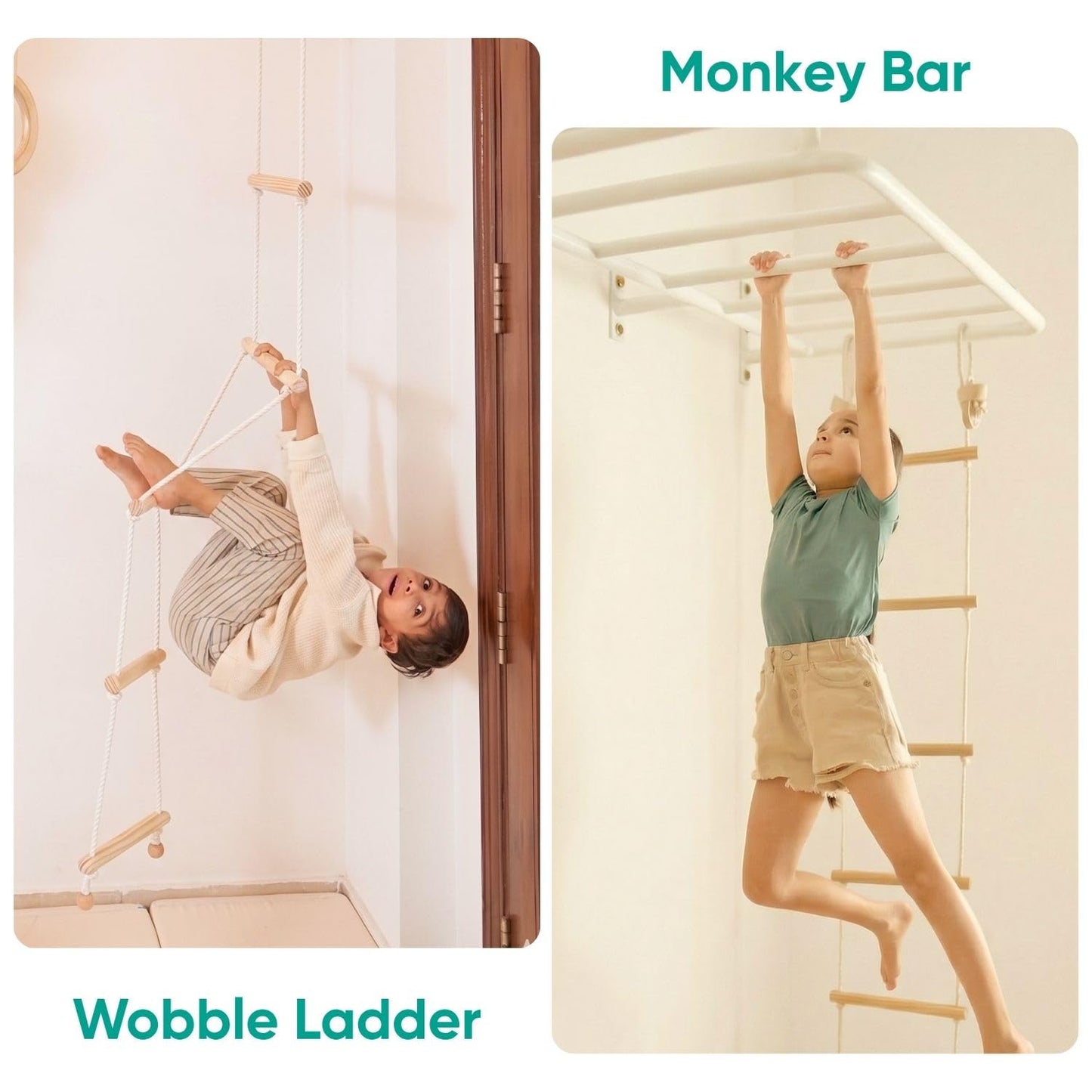 Curious Cub All-in-One Monkey Bars for Kids Indoor Wall Mounted | Kids Pull Up Bar for Home Gym with Swing, Gymnastic Rings & Climbing Ladder | Indoor Jungle Gym Equipment (4+ Years)