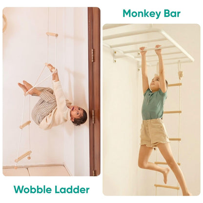 Curious Cub All-in-One Monkey Bars for Kids Indoor Wall Mounted | Kids Pull Up Bar for Home Gym with Swing, Gymnastic Rings & Climbing Ladder | Indoor Jungle Gym Equipment (4+ Years)