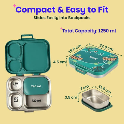 Basil Bento Box Quad Plus 3+1 Compartment Stainless Steel Lunch Box | Bengal Bagh