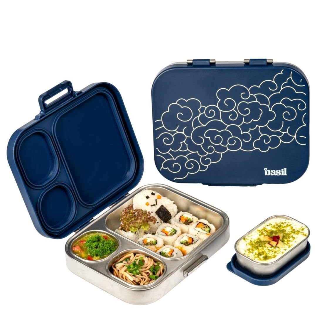 Basil Bento Box Quad Plus – 3+1 Compartment Stainless Steel Lunch Box, 1020 ml | Midnight Sora