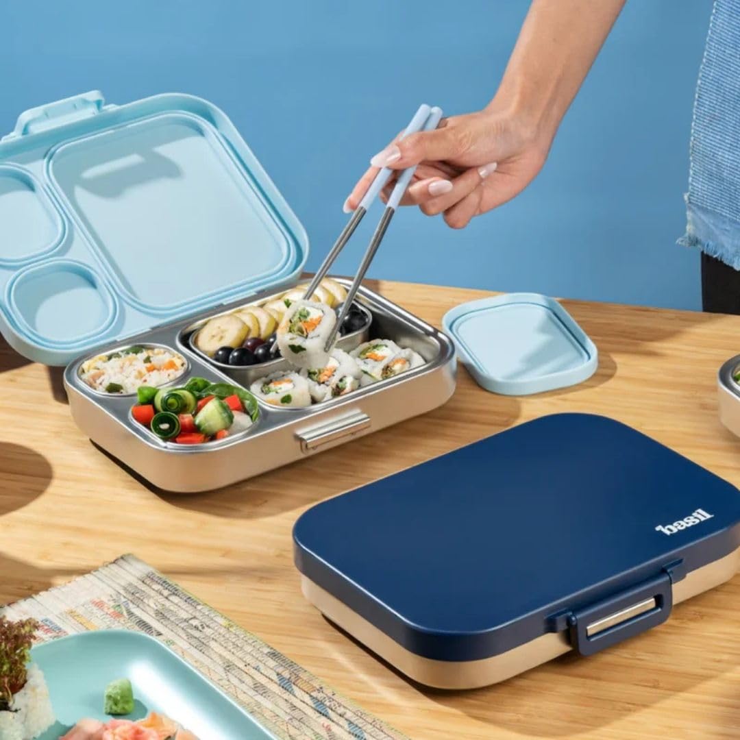 Basil Bento Box Quad Plus – 3+1 Compartment Stainless Steel Lunch Box, 1260 ml | Indigo Zen