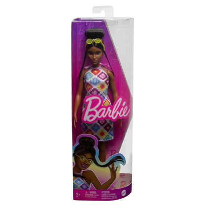 Barbie® Fashionistas™ Doll #210 with Brown Hair in Bun, Wearing Colorful Crochet Halter Dress, Sunglasses and Sandals