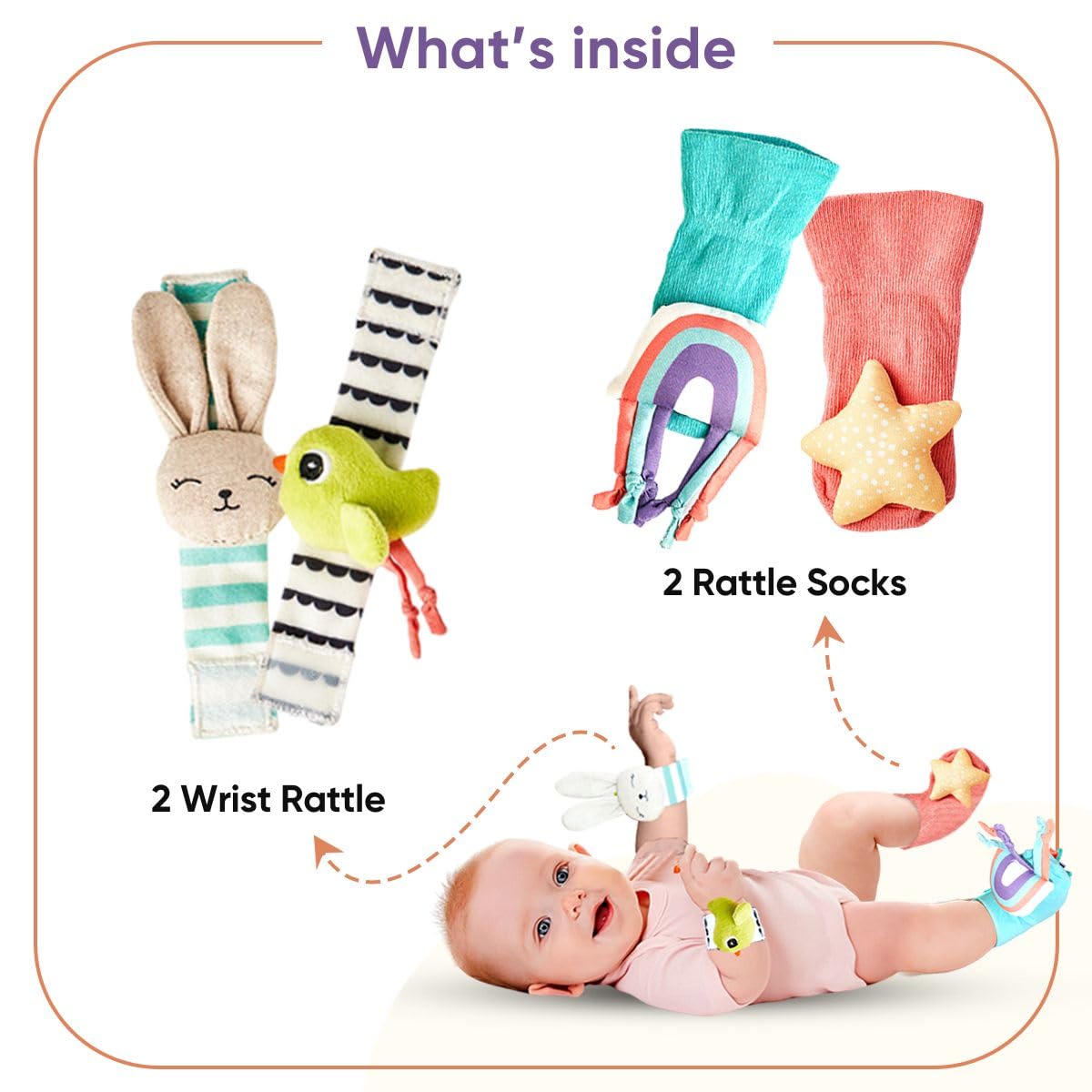 Curious Cub Rattle Set Toy for 0+ Months Babies, New Born Baby Essentials Wrist Rattle & Foot Finder Socks, Made from Baby safe Colors-Soft material, Promotes Tummy time, Ideal New Born baby gift
