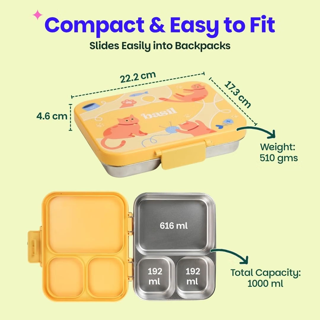 Basil Bento Ace 3C Stainless Steel Lunch Box – 1000ml 3-Compartment Leak-Proof Tiffin