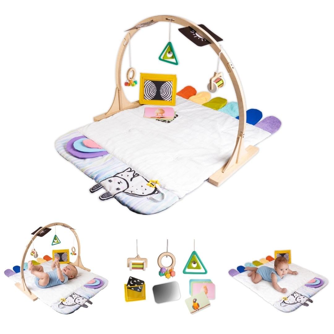 Curious Cub Baby Play Gym-Playmat, Newborn Baby Toy Gift, Baby Activity Gym, Wooden Playgym for Babies, 3 Wooden Baby Mobile Rattles, Sensory Mat, Wooden Play Gym, Hanging Toys, Baby Mirror