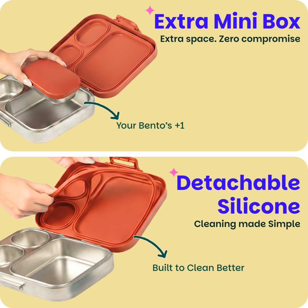 Basil Bento Box Quad Plus 3+1 Compartment Stainless Steel Lunch Box | Jaipuri Jaali