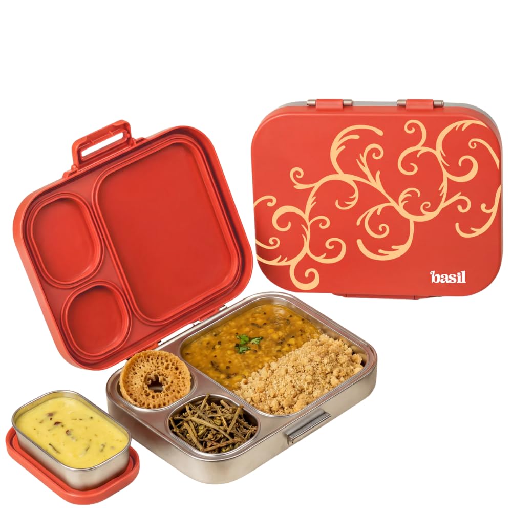 Basil Bento Box Quad Plus 3+1 Compartment Stainless Steel Lunch Box | Jaipuri Jaali
