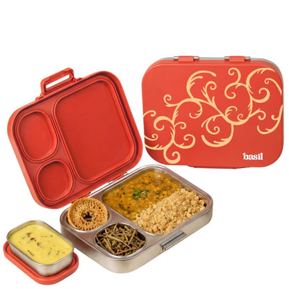 Basil Bento Box Quad Plus 3+1 Compartment Stainless Steel Lunch Box | Jaipuri Jaali