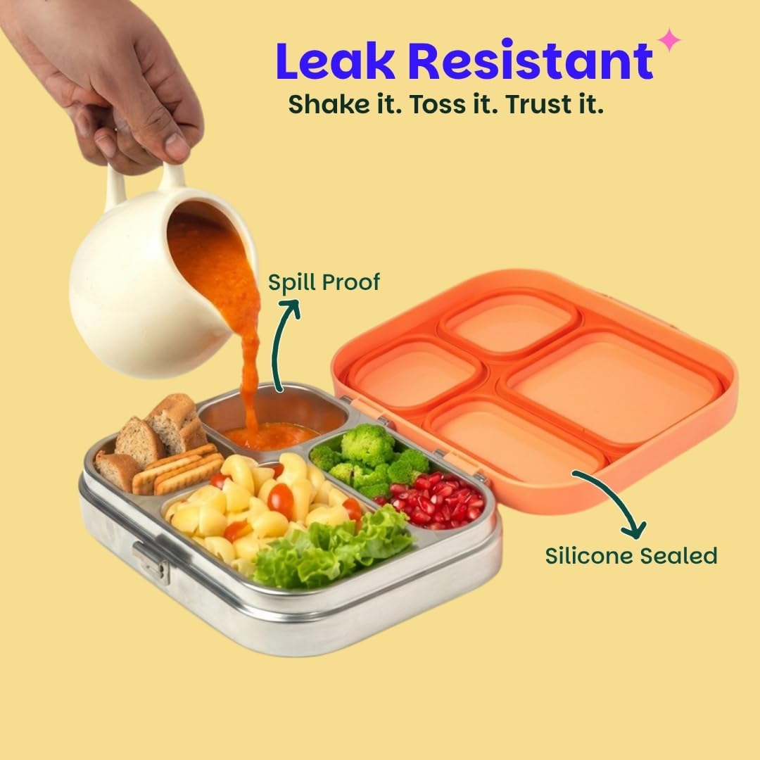Basil Bento Box Quad – 4 Compartment Stainless Steel Lunch Box, 830 ml | Coral Swirl