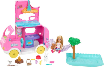 Barbie HNH90 2-in-1 Camping Car Model Chelsea Doll with Transformable Camp Vehicle, Includes 2 Animals and 15 Themed Accessories, Toy for Children Aged 3 Years and Above