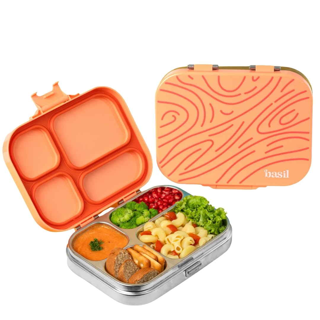 Basil Bento Box Quad – 4 Compartment Stainless Steel Lunch Box, 830 ml | Coral Swirl