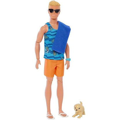 Bar'bie Ken Doll with Surfboard and Pet Puppy, Poseable Blonde Ken Beach Doll with Themed Accessories Like Towel (HPT50)