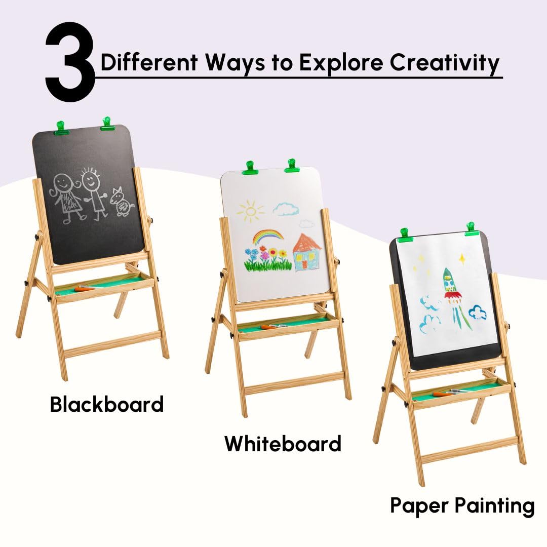 Curious Cub Wooden Easel Board for Kids 3-in-1 Whiteboard, Blackboard & Drawing Board for Kids | Easel for Painting with Paper Holders, Tray, Chalk & Marker | for 3+ Year