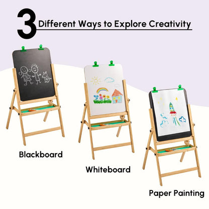 Curious Cub Wooden Easel Board for Kids 3-in-1 Whiteboard, Blackboard & Drawing Board for Kids | Easel for Painting with Paper Holders, Tray, Chalk & Marker | for 3+ Year