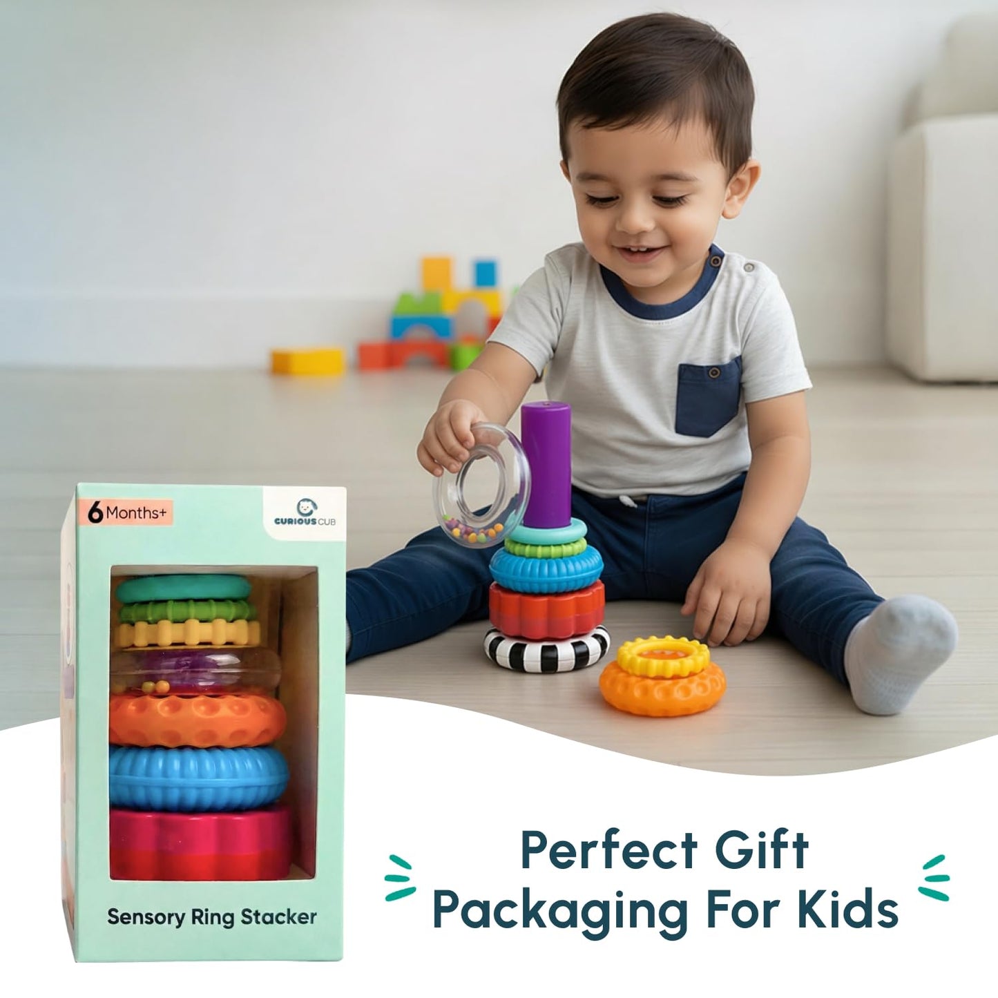 Curious Cub Ring Stacker Baby Toy for 6+ Month Old Baby with Different Sensory Rings & Rattle | Stacking Montessori Learning Toy for Early Brain Development for Kids & Infants