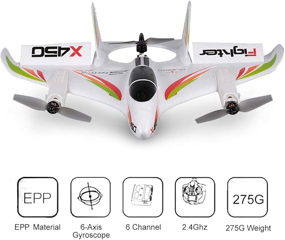 GoolRC WLtoys XK X450 RC Airplane, 2.4GHz Remote Control Airplane, 6 Channel Brushless Motor Aircraft, Vertical Takeoff LED RC Glider Fixed Wing Plane RTF for Adults
