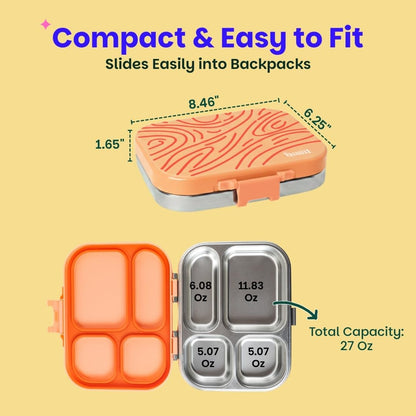 Basil Bento Box Quad – 4 Compartment Stainless Steel Lunch Box, 830 ml | Coral Swirl