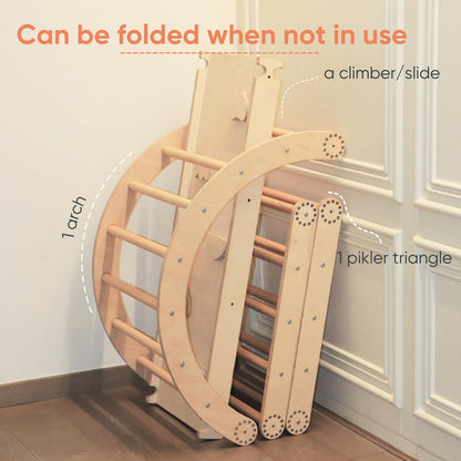 Curious Cub Pikler Triangle Set for Kids (1–6 Years) – Foldable Wooden Climbing Toy with Arch & Slide, Montessori Indoor Jungle Gym for Toddlers